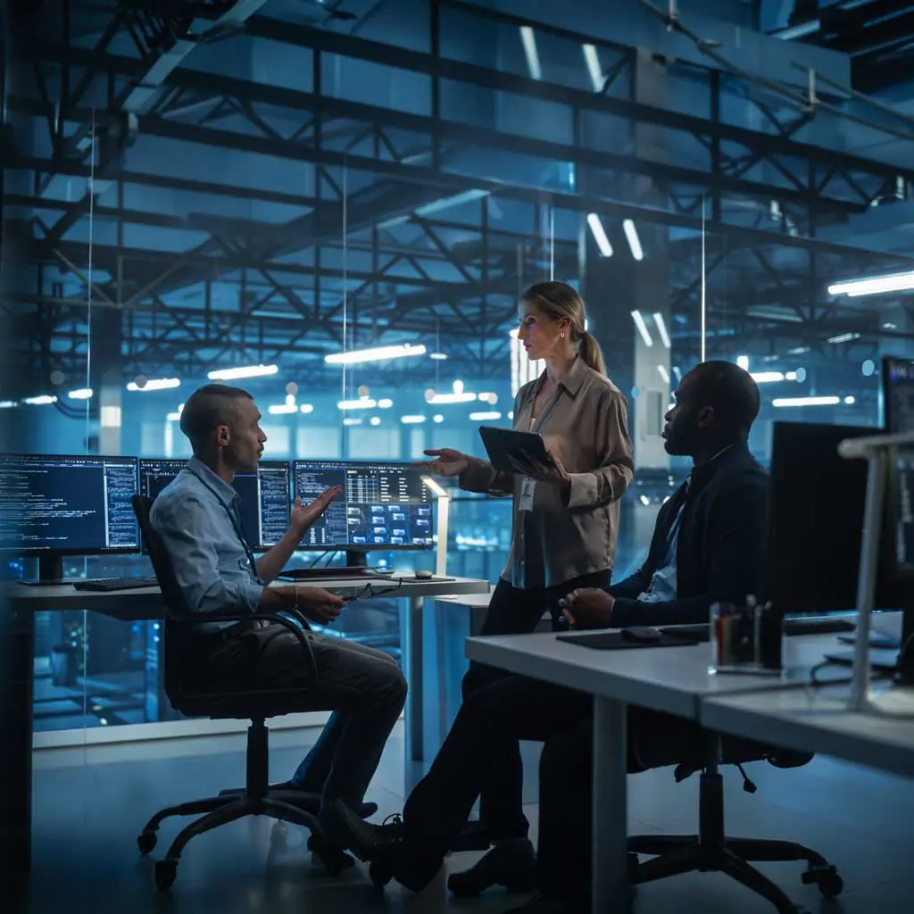 IT security team discussing systems at their desks in a modern office